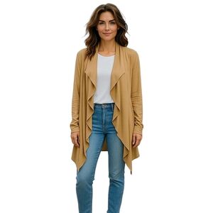 Express Long Line Waterfall Cardigan Women L Tan Open Front Rayon Cashmere Blend